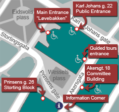 Map of the Storting buildings and entrances.