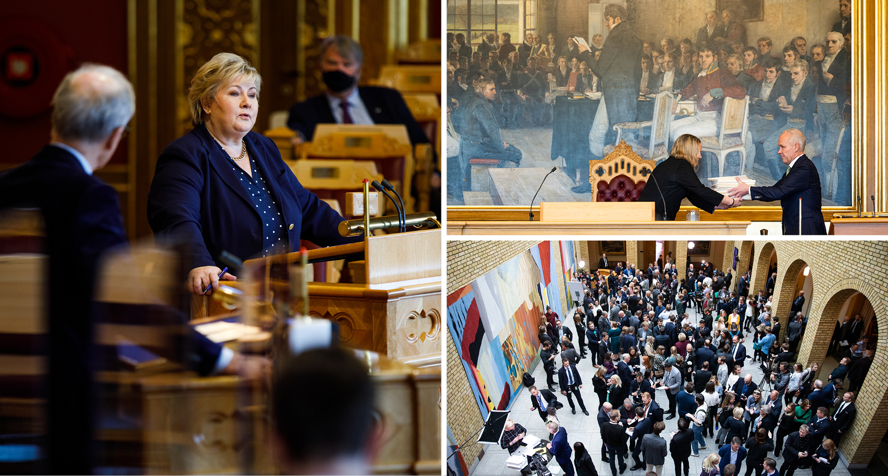 Kollage av foto som viser aktiviteter i stortingsbygningen. Erna Solberg o Jonas Gahr Støre i debatt på talerstolen, overlevering av statsbudsjettet til Stortingspresidenten, aktivitet i vandrehallen
