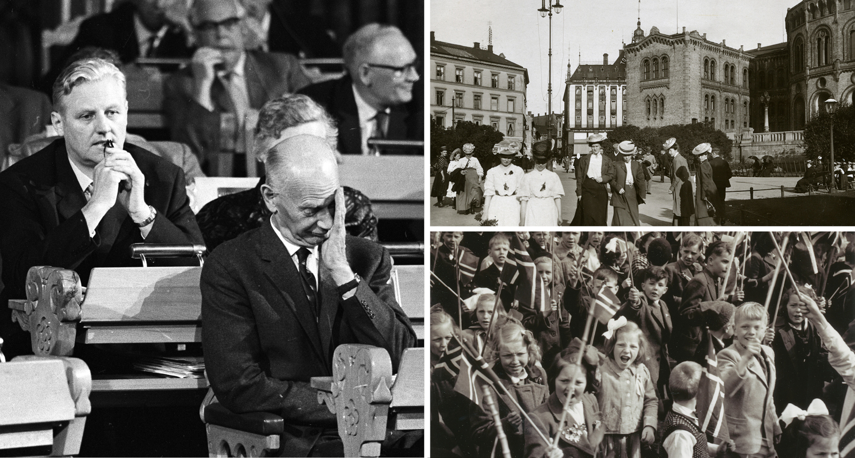Kollage med historiske bilder fra og utenfor Stortinget.