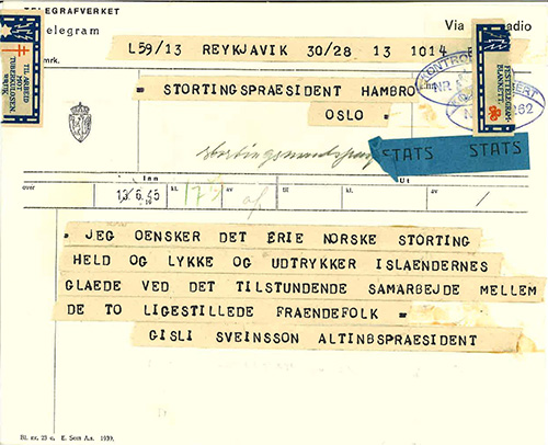 Foto av hilsningstelegram fra den islandske altingspresidenten Gisli Sveinsson.