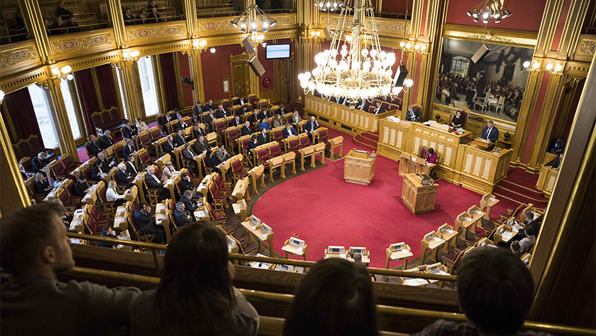 Stortingssalen sett fra publikumsgalleriet. Foto: Stortinget.