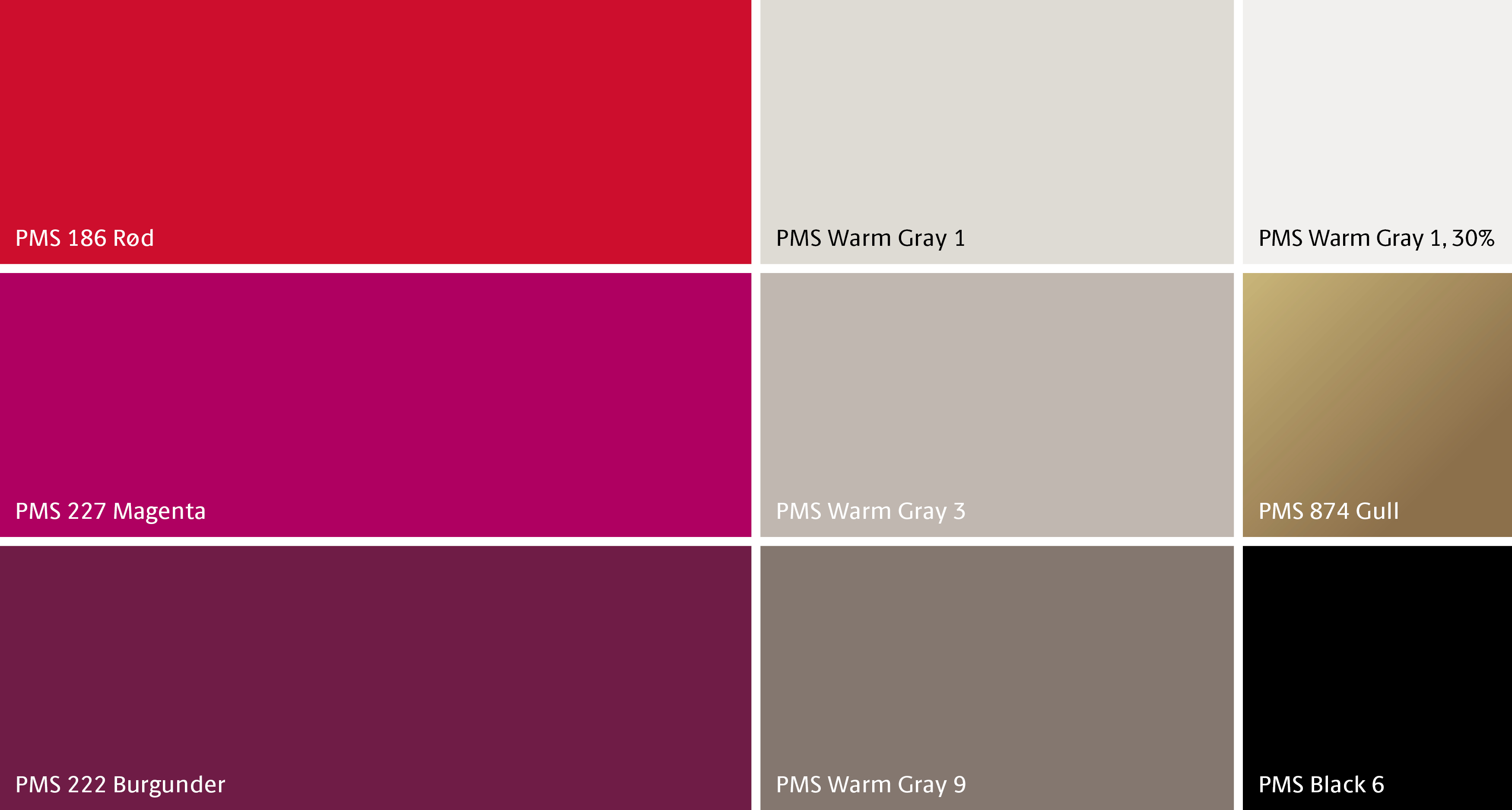 Palett av hoved- og støttefarger i Stortingets designprofil. Hovedfarger: PMS 186 Rød, PMS 227 Magenta, PMS 222 Burgunder. Støttefarger: PMS Warm grey 1, PMS Warm grey 3, PMS Warm grey 9, PMS Warm Grey 30%, PMS 874 Gull, PMS Black 6