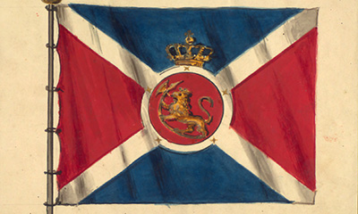 Forslag til flagg (fra C. M. Falsen?) utstilt i Stortinget som nr. 8