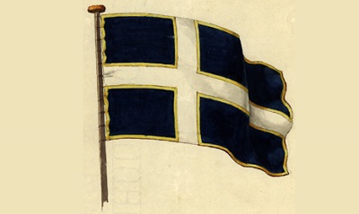Flaggforslag 16. oktober 1815 fra statsråd Nils Aall, innlevert ved repr Jacob Aall. Sort flagg med hvitt kors.