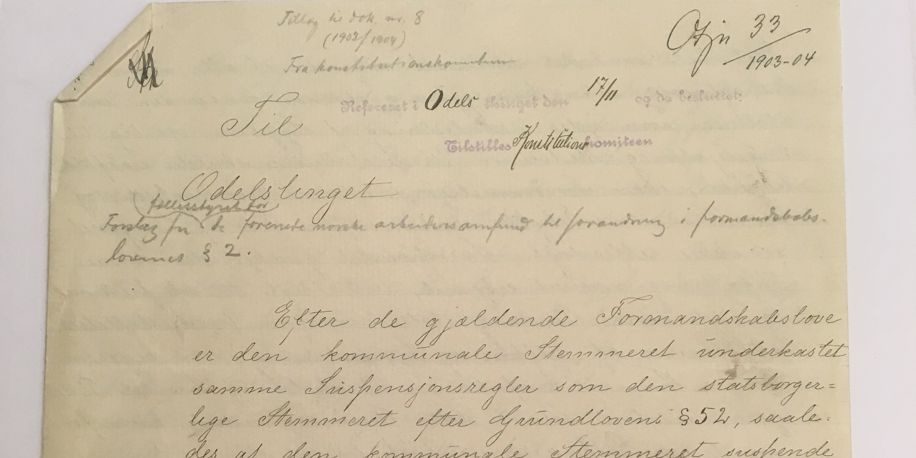 Forslag fra stortingsrepresentant Castberg m. fl om forandringer i formannskapsloven, 1903Foto: Stortinget