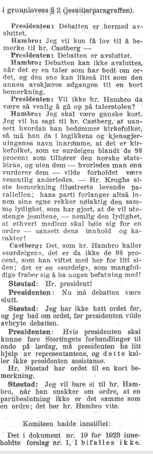 Utdrag fra den opphetede ordvekslingen mellom Hambro og presidenten i 1925.
