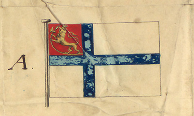 Forslag til flagg fra mai 18121, fra Bergens Handels-, Haandverks- og Søfarts Commission, utstilt i Stortinget som nr. 11