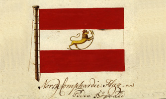 Flaggforslag 17. august 1815. Forslag fra repr. Peder Bøgvald med tegning til det norske nasjonalflagg, to røde og en hvit stripe med riksløven i midten.