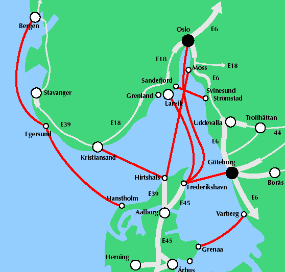 Kartskisse som viser fergerutene i Nordic Link