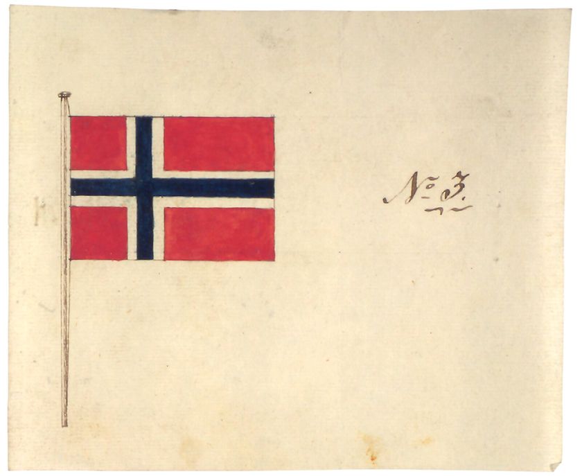 Flaggutkast nummer tre i frihetens farger, rødt, hvitt og blått, tegnet av Fredrik Meltzer og vedtatt av Stortinget i mai 1821. Foto: Stortinget.