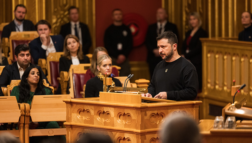 The President of Ukraine, Volodymyr Zelenskiy, spoke to Parliament in the Storting Chamber.