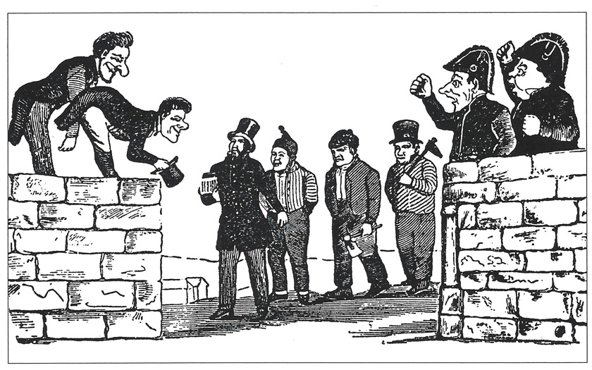Tegning fra Arbeider-Foreningernes Blad nr. 15, 1851. "Her sees Arbeidernes Stilling. Regjeringen knytter næven imod dem fra sin frie Bastion; Storthinget smiler og seer venligt ud. Hvad skal enden blive??!"