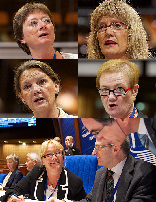 Fra venstre side, øverst: Lise Christoffersen (A), Karian Andersen (SV), Ingjerd Schou (H) og Sylvi Graham (H). Nederst: Karin Woldseth (FrP) presederte.