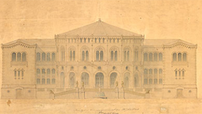 I 1870 dokumenterte Ole Tobias Olsen gatelivet foran det nye bygget. Foto: Ole Tobias Olsen / Oslo Museum.