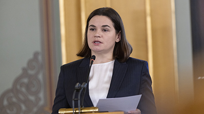 Sviatlana Tsikhanowskaja under et besøk på Stortinget i 2024. Foto: Stortinget.