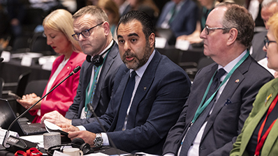President of the Storting Masud Gharahkhani speaking at the conference. Photo: Folketing