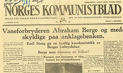 Riksretten mot regjeringen Berge førte til stor oppmerksomhet i pressen, og det var sterke partipolitiske fronter i offentligheten. Avisutklippet er fra Norges Kommunistblad den 7. september 1926. Riksrettsarkivene inneholder omfattende dokumentasjon av avisenes dekning. Foto: Stortingsarkivet.