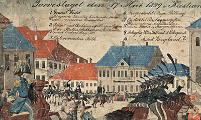 Konflikten mellom Stortinget og Carl Johan toppet seg da kongen forbød feiringen av 17. mai i 1828. Tegningen viser det såkalte Torgslaget året etter, da soldater angrep folkemengden den 17. mai 1829 i Christiania. Foto: Nasjonalbiblioteket.