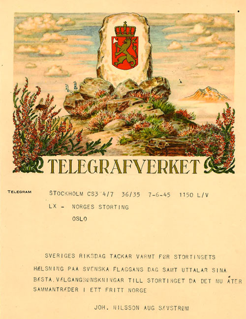 «…vælgangsønskningar til Stortinget da det ny åter sammantræder i ett fritt Norge», hilser talmannen i Sveriges Riksdag i dette telegrammet – på dagen 40 år etter unionsoppløsningen. (Faksimile av dokument hentet fra Stortingets arkiv).