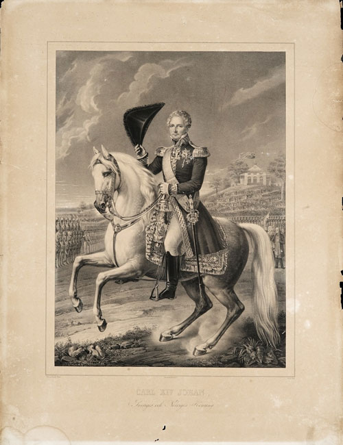 Kong Carl Johan til hest med tropper i bakgrunnen. Litografi etter Fredric Westin. Foto: Oslo Museum.