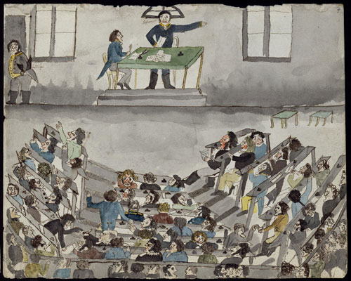 Harde debatter under stortingsmøtene, dette fra fullmaktsdebatten i 1824. Tegning av Henrik Wergeland. Foto: Nasjonalbiblioteket.