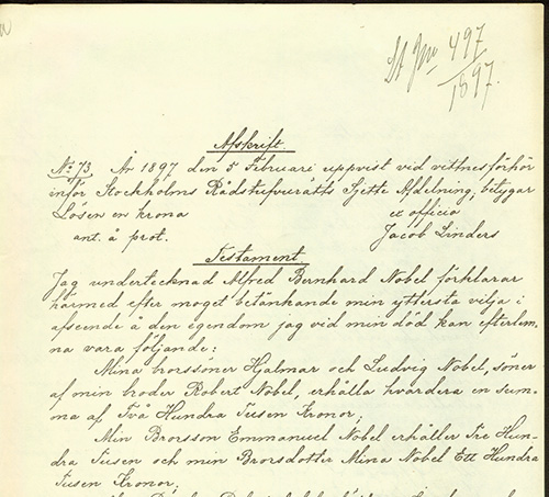 Avskrift av Alfred Nobels testamente av 27. november 1895.