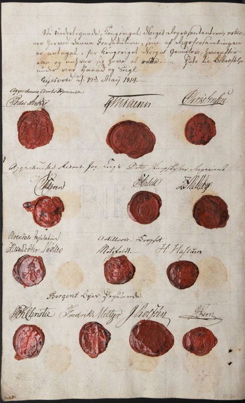 Signatures with their seals in the Constitution of 1814. Photo: Storting.