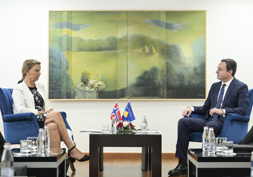 Delegasjonsleder Ingjerd Schou i samtale med Kosovos statsminister Albin Kurti.