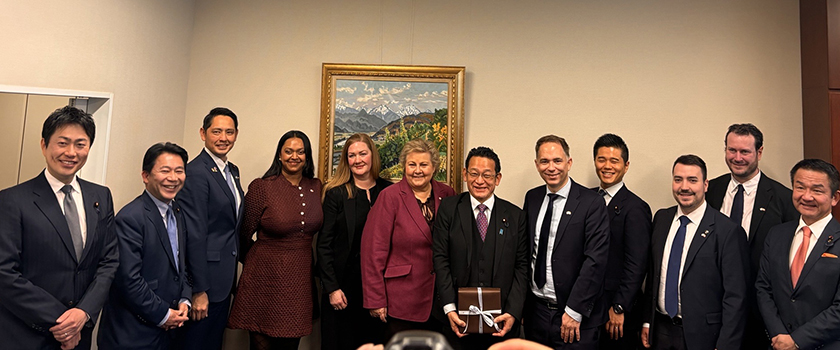 Delegasjonen fra Stortinget i møte med utenrikskomiteen i det japanske parlamentet.