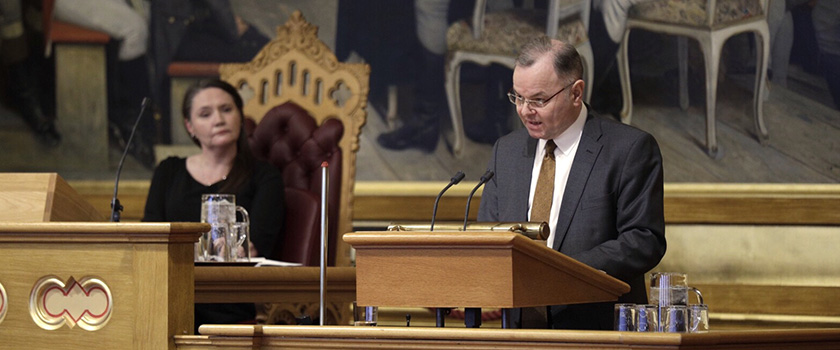 Stortingspresident Olemic Thommessen under fremføringen av redegjørelsen om byggeprosjektet 6. mars. Foto: Stortinget.