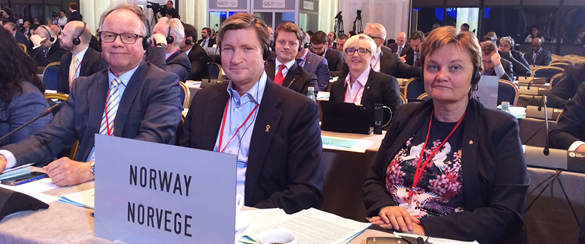 Members of the Norwegian delegation in Tbilisi. From the left, first row: Øyvind Halleraker, Christian Tybring-Gjedde and Rigmor Aasrud. From the left, back row: Peter Christian Frølich and Liv Signe Navarsete. Photo: Storting.