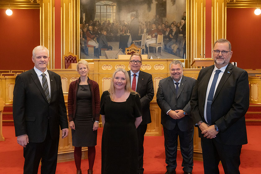 The Storting’s Presidium. From left to right: Nils T. Bjørke, Second Vice President; Ingrid Fiskaa, Fifth Vice President; Eva Kristin Hansen, President of the Storting; Sverre Myrli, Fourth Vice President; Morten Wold, Third Vice President; and Svein Harberg, First Vice President. Photo: Morten Brakestad/Storting. 