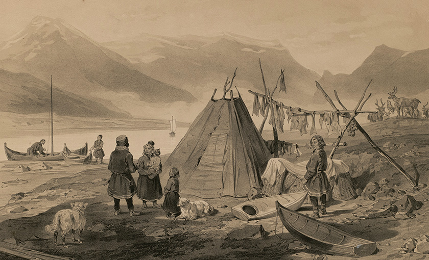 Tegning av en samisk bosetning langs kysten, med gammer og stativer for tørking av kjøtt eller fisk. 