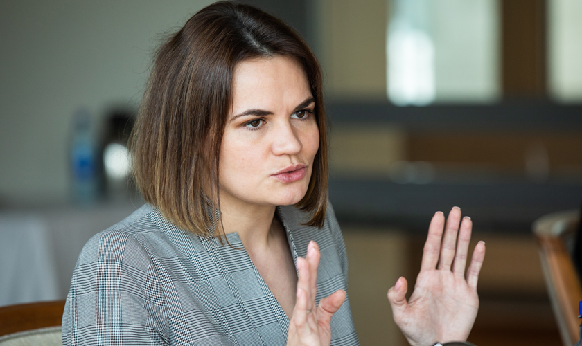 Hviterusslands opposisjonsleder Svetlana Tikhanovskaja besøkte Stortinget torsdag 12. august. Foto: Stortinget.