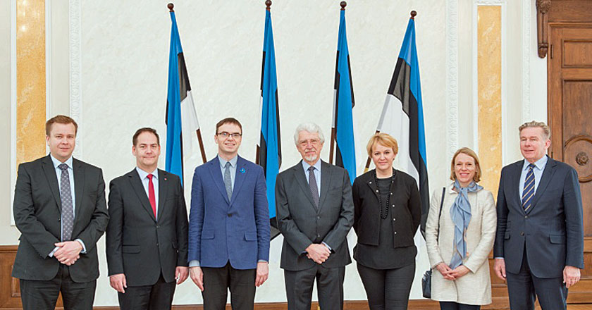 From left: Antti Kaikkonen (Finland), Kenneth Forslund (Sweden), Sven Mikser (Estonia), Ojars E. Kalnins (Latvia), Hanna B. Kristjánsdóttir (Iceland), Anniken Huitfeldt (Norway) and Audronius Azubalis (Lithuania). Photo: Storting