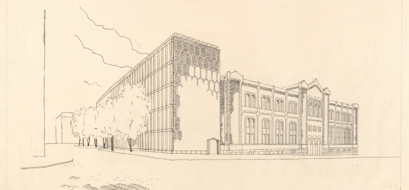 Nils Holter vant førsteprisen i Stortingets arkitektkonkurranse i 1949. Tegningene som ble premiert viste et tilbygg på fem etasjer i Akersgata. I forslaget som ble vedtatt av Stortinget var tilbygget redusert med én etasje, slik vi kjenner det i dag. Foto: Nasjonalmuseet