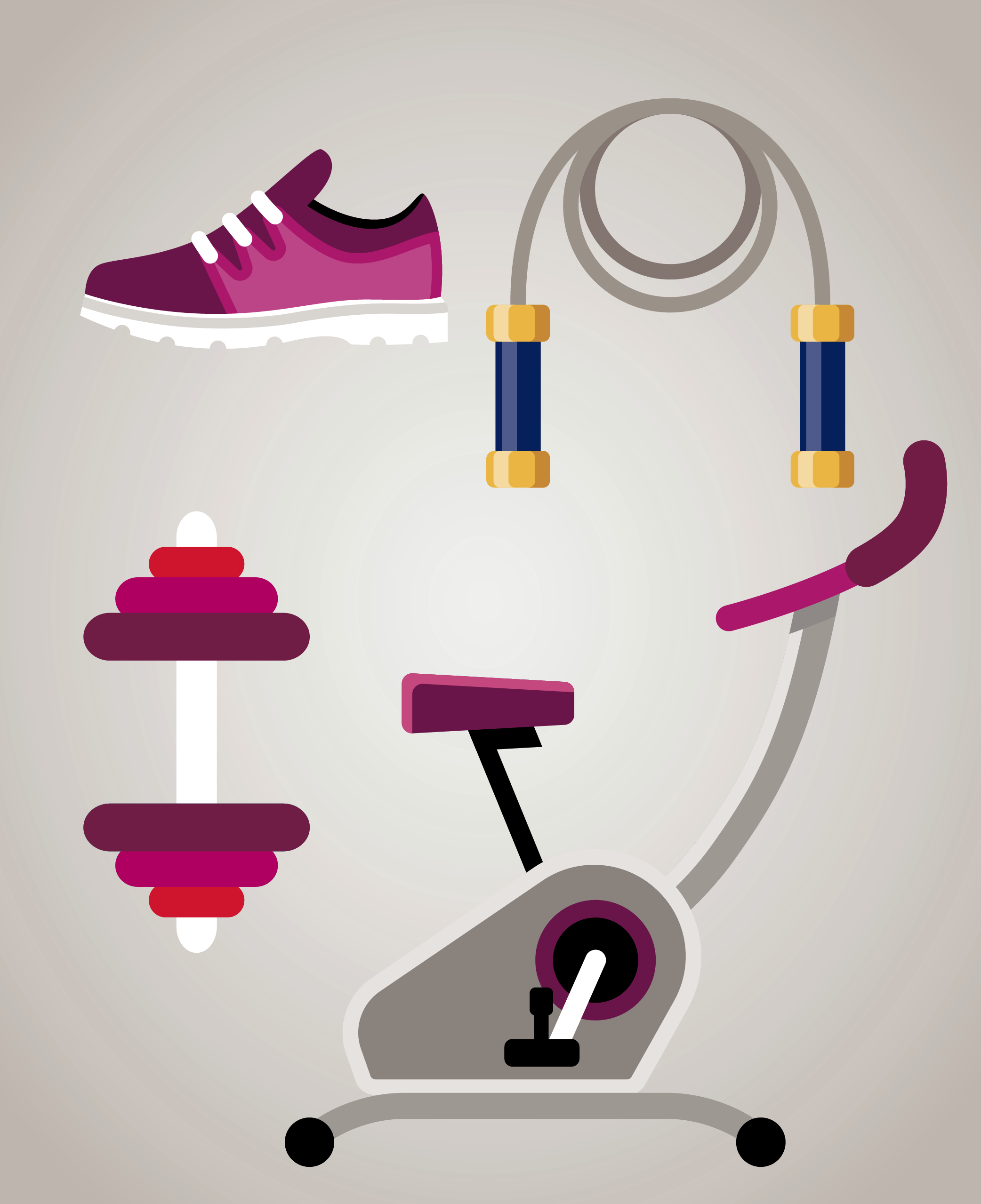 Illustrasjon treningsutstyr og -apparater.