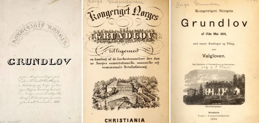 Til venstre: Kaligrafert kopi av Stockholms-grunnloven. I midten: Miniatyrutgave av Grunnloven fra 1844. Til høyre: Grunnlovsutgave med valgloven 1880. Alle foto: Stortingsarkivet