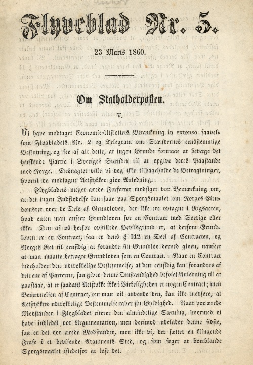 Flyveblad om stattholderposten utgitt 1860 av Bernhard Dunker. Foto: Stortingsbiblioteket