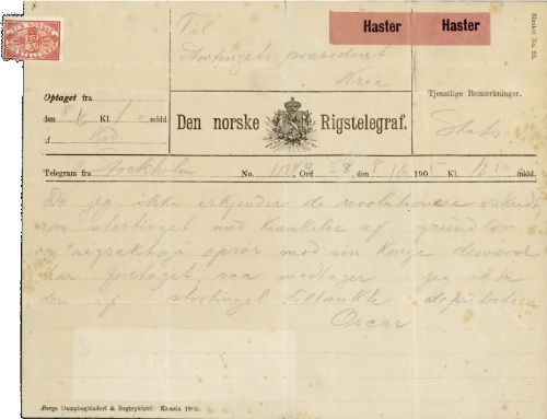 Telegram 8. juni 1905 fra Oscar 2. til Stortingets president