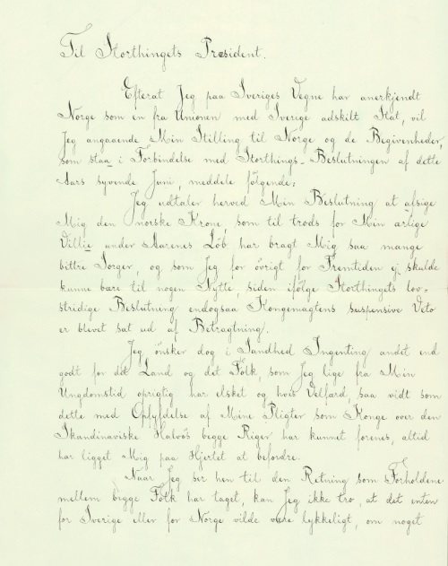 Oscar 2.s brev til Stortingets president 26. oktober 1905 med abdikasjon.