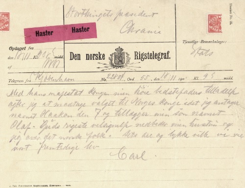Telegram 18. november 1905 fra prins Carl til Stortingets president