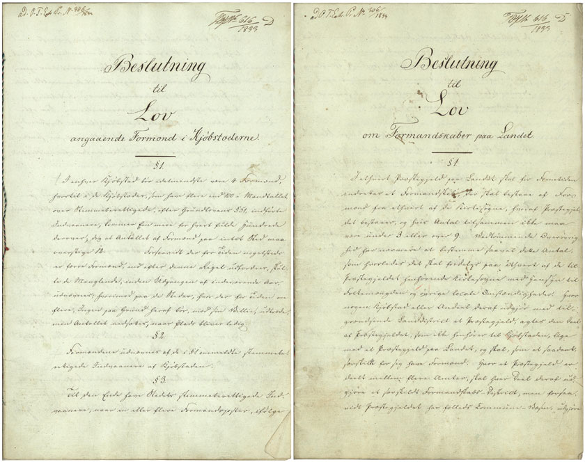 Stortingets beslutninger til lov om formannskaper i kjøpstedene, underskrevet av lagtingspresidenten og odelstingspresidenten 24. august 1833. Stortingsarkivet.