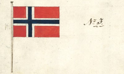 Flaggutkast nummer tre i frihetens farger, rødt, hvitt og blått, tegnet av Fredrik Meltzer og vedtatt av Stortinget i mai 1821. Foto: Stortinget.