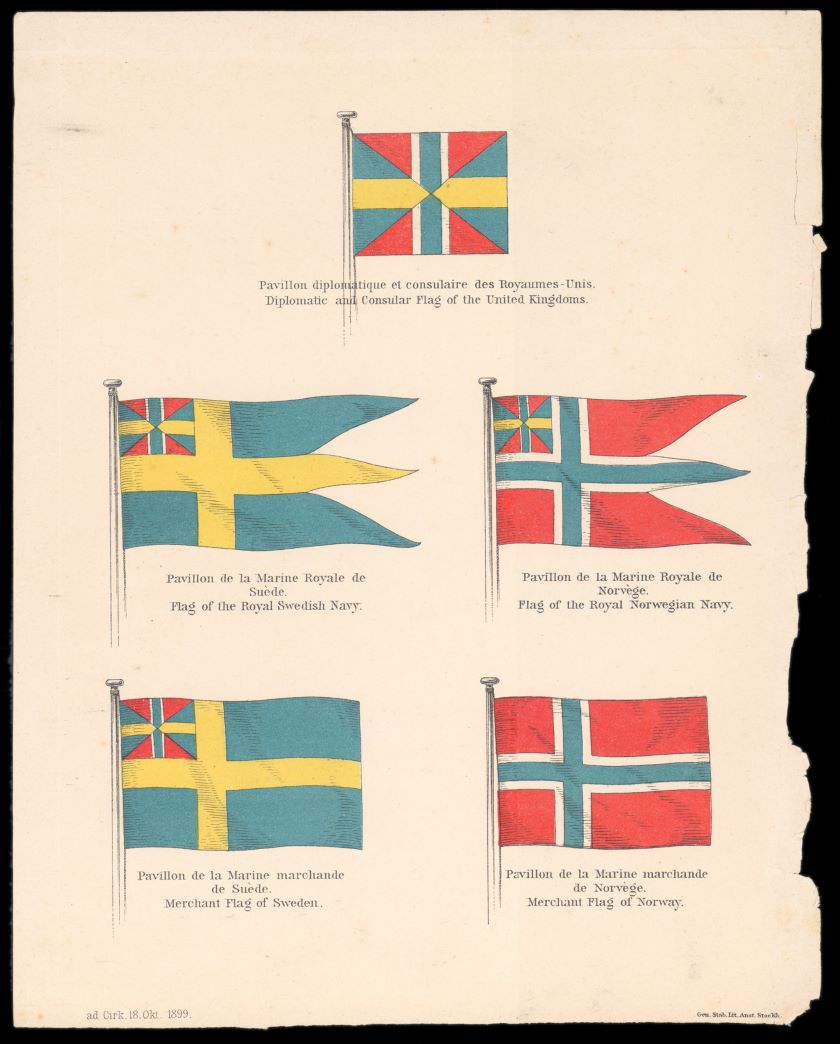 Flaggplansje fra 1899 som viser de norske og svenske flaggene som var i bruk.