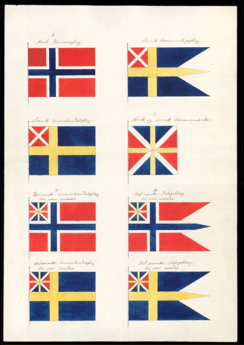 Forslag til norske og svenske flagg, med et nytt unionsmerke, fra stortingsrepresentant Jonas Anton Hielm i 1836. 