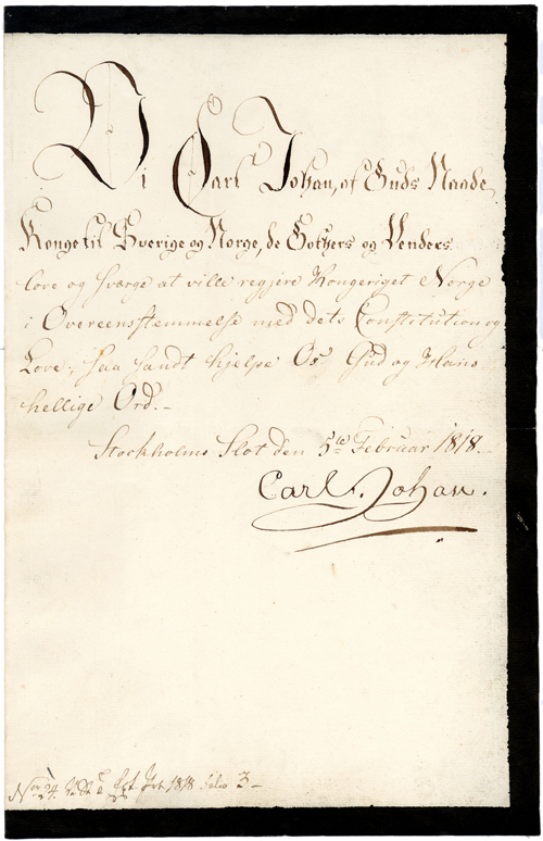Foto av dokument med Carl Johans ed, signert 5. februar 1818.
