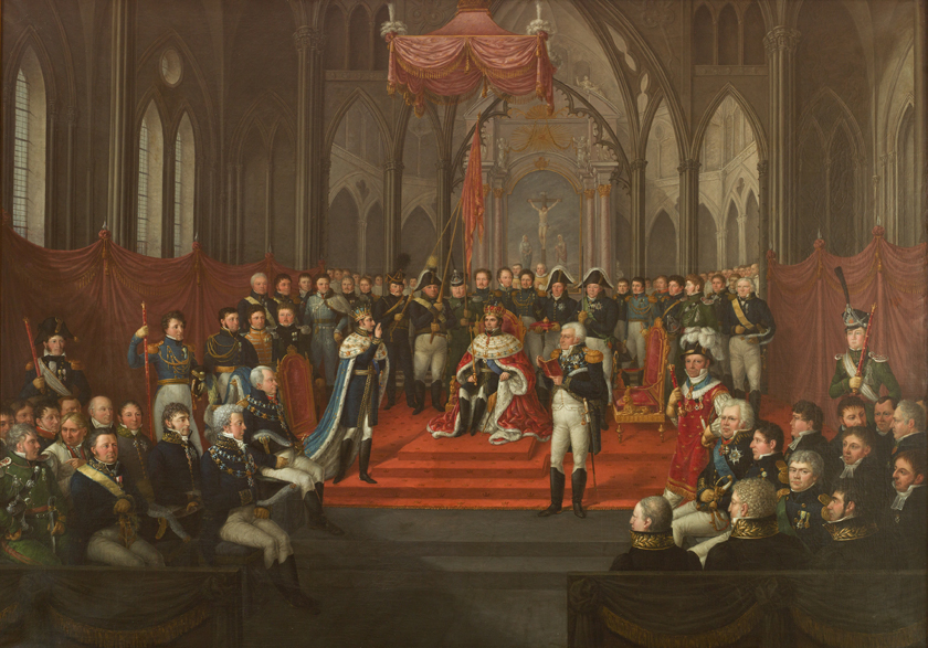 Maleri som viser Kong Carl Johans kroning i Trondheim domkirke den 7. september 1818. Malt av Jacob Munch i 1822. 