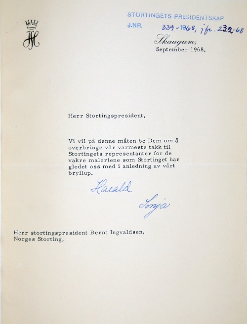 Foto av takkebrev til Stortinget fra kronprinsparet, datert september 1968.