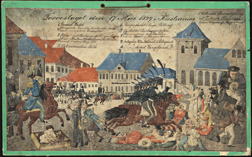 Foto av fargelagt tegning av torgslaget 17. mai 1829. 